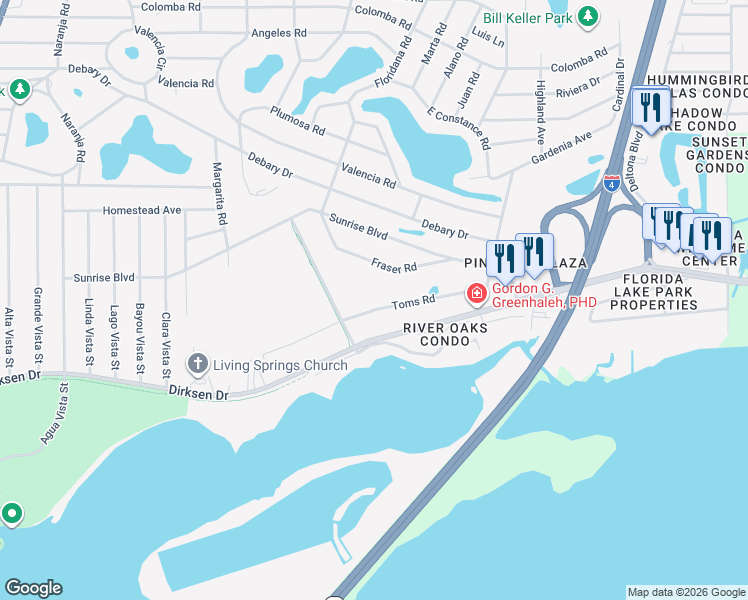 map of restaurants, bars, coffee shops, grocery stores, and more near 247 Toms Road in DeBary