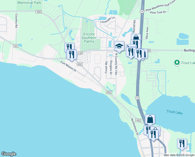 map of restaurants, bars, coffee shops, grocery stores, and more near 1707 Lakewood Avenue in Eustis