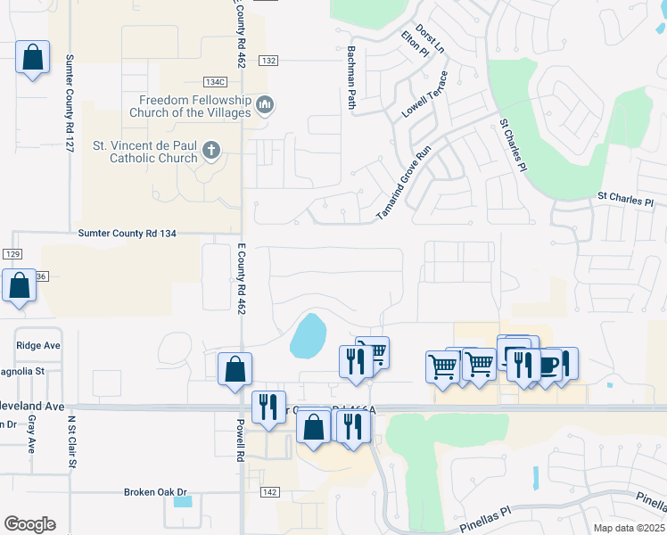 map of restaurants, bars, coffee shops, grocery stores, and more near 2474 Tamarind Grove Run in The Villages