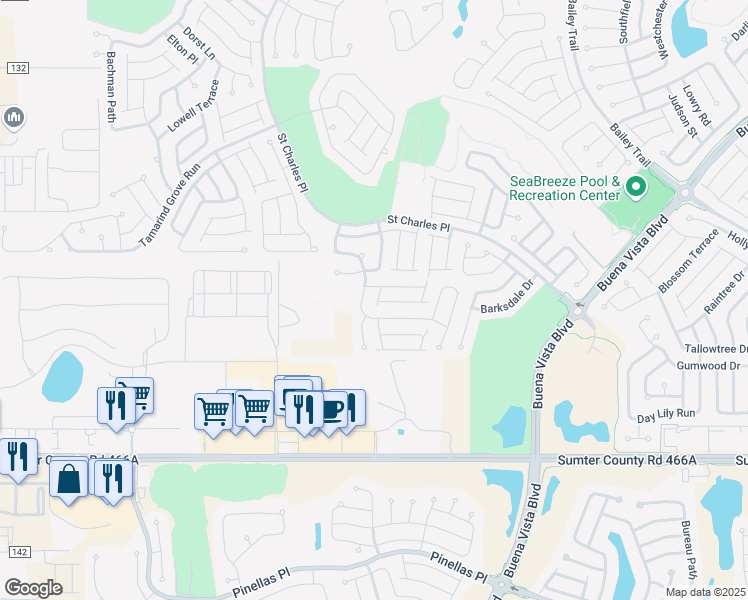 map of restaurants, bars, coffee shops, grocery stores, and more near 2029 Fairview Lane in The Villages