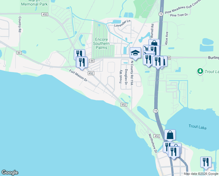 map of restaurants, bars, coffee shops, grocery stores, and more near 812 Edgewater Drive in Eustis