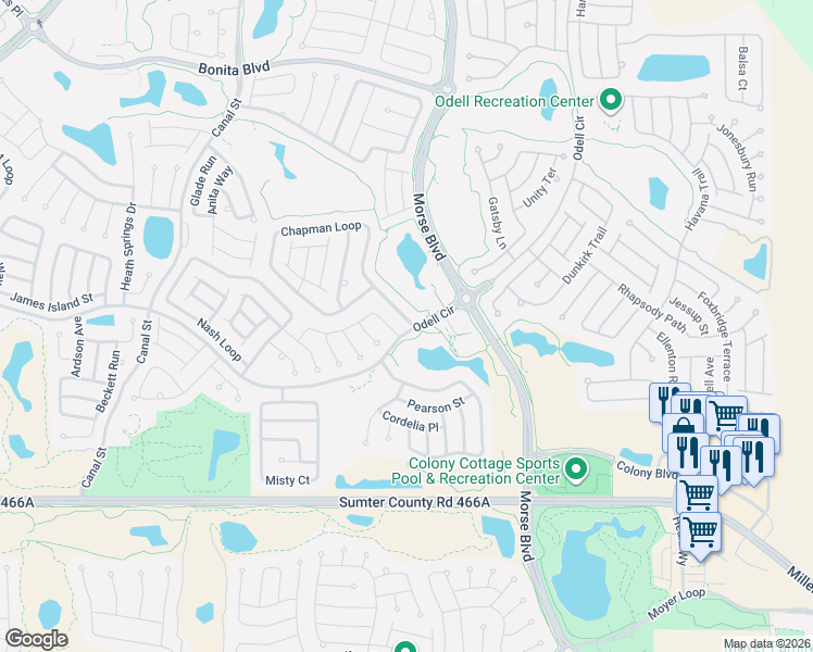map of restaurants, bars, coffee shops, grocery stores, and more near 711 Chapman Loop in The Villages