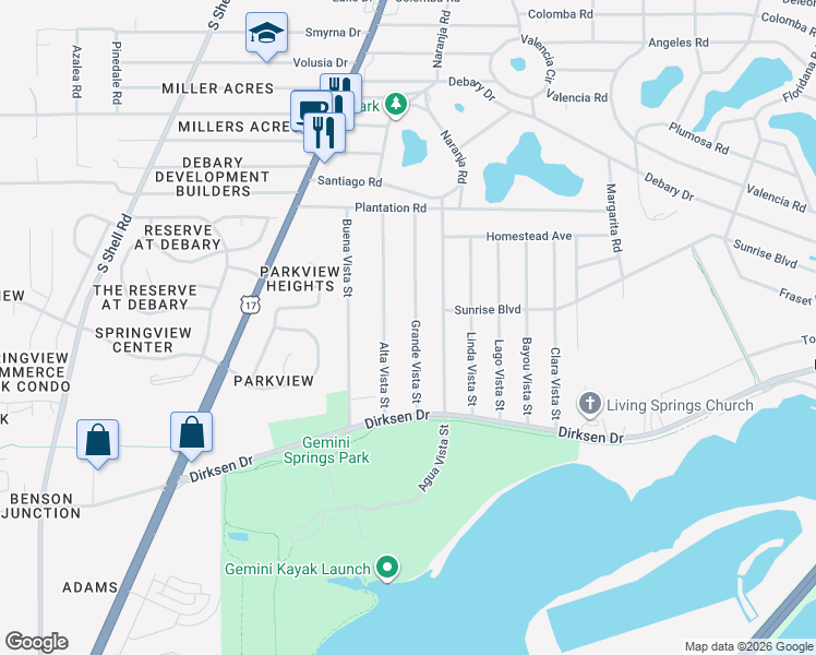 map of restaurants, bars, coffee shops, grocery stores, and more near 231 Grande Vista Street in DeBary
