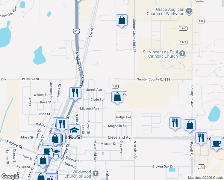 map of restaurants, bars, coffee shops, grocery stores, and more near 7944 County Road 129 in Wildwood