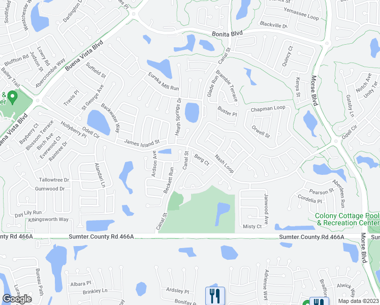 map of restaurants, bars, coffee shops, grocery stores, and more near 2552 Mosby Terrace in The Villages