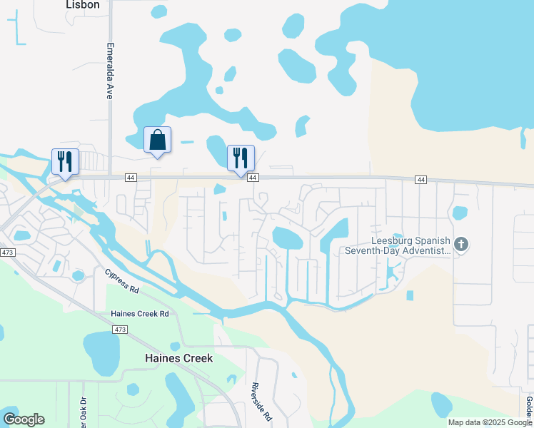 map of restaurants, bars, coffee shops, grocery stores, and more near 100 North Lake Drive in Leesburg
