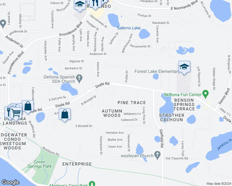 map of restaurants, bars, coffee shops, grocery stores, and more near 261 Autumn Ridge Road in Deltona