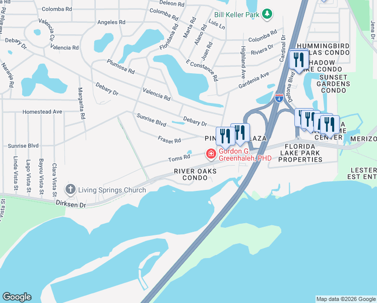 map of restaurants, bars, coffee shops, grocery stores, and more near 255 Fraser Road in DeBary