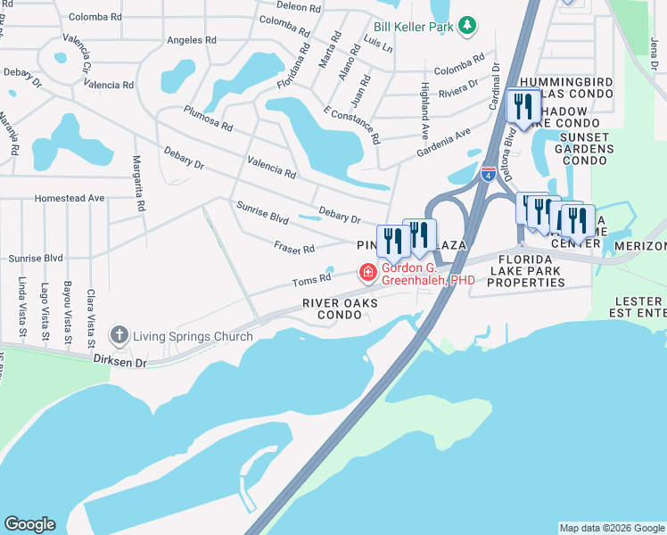 map of restaurants, bars, coffee shops, grocery stores, and more near 255 Fraser Road in DeBary