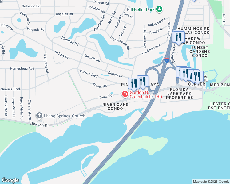 map of restaurants, bars, coffee shops, grocery stores, and more near 272 Toms Road in DeBary