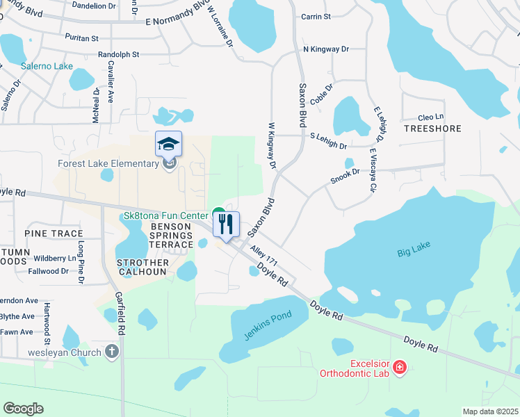 map of restaurants, bars, coffee shops, grocery stores, and more near 344 Saxon Boulevard in Deltona