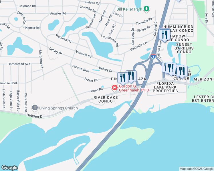 map of restaurants, bars, coffee shops, grocery stores, and more near 272 Toms Road in DeBary