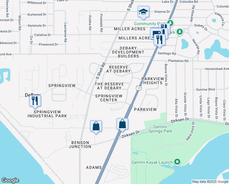 map of restaurants, bars, coffee shops, grocery stores, and more near 39 Wentwood Drive in DeBary