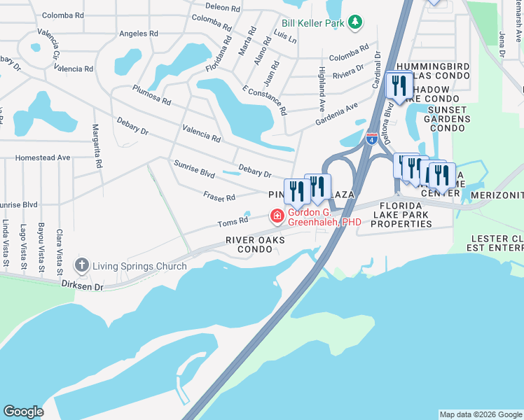 map of restaurants, bars, coffee shops, grocery stores, and more near 272 Toms Road in DeBary