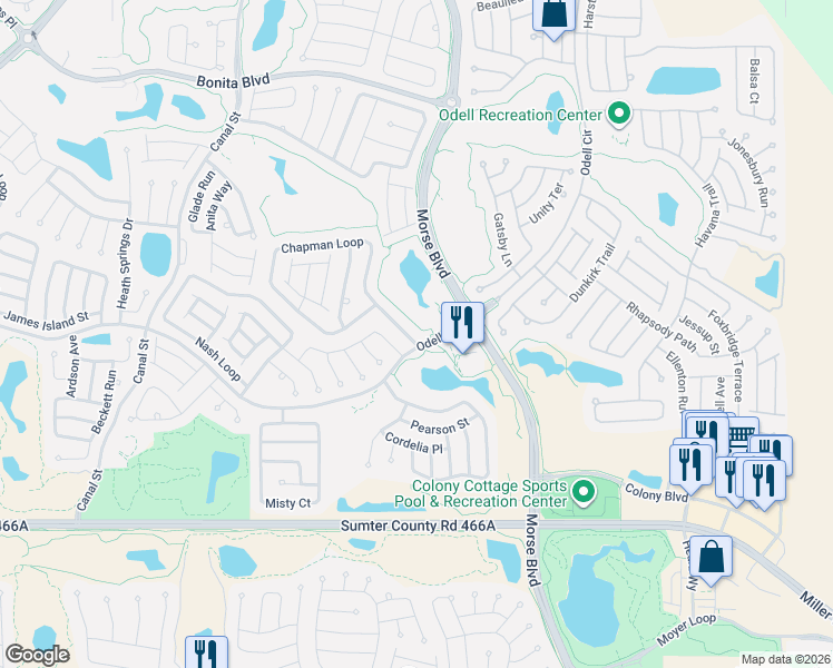 map of restaurants, bars, coffee shops, grocery stores, and more near 711 Chapman Loop in The Villages