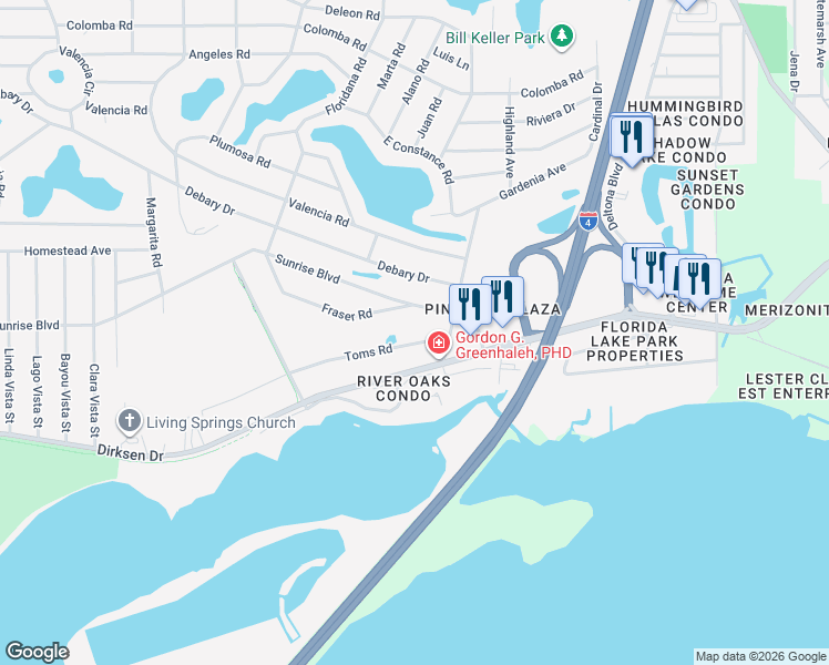map of restaurants, bars, coffee shops, grocery stores, and more near 272 Toms Road in DeBary