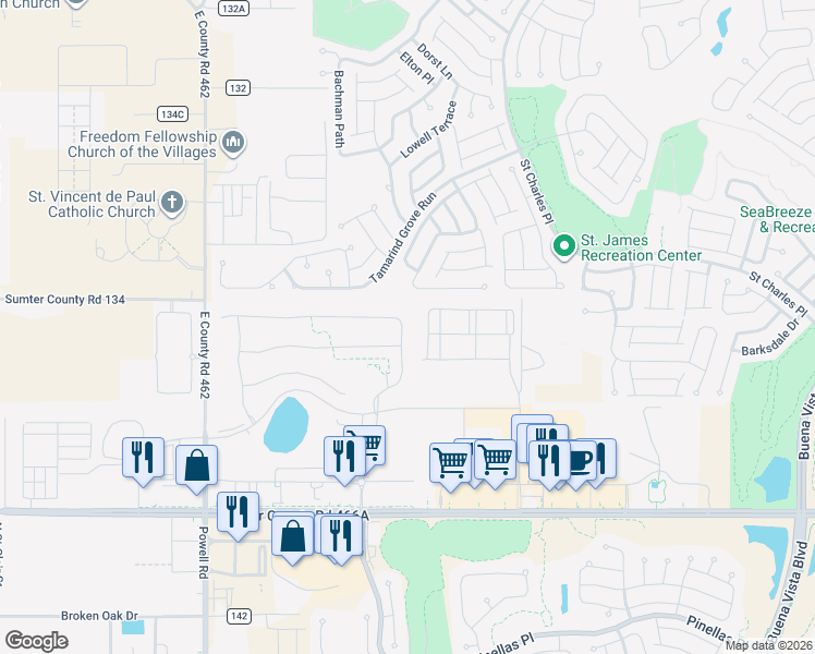 map of restaurants, bars, coffee shops, grocery stores, and more near 2444 Ansley Path in The Villages