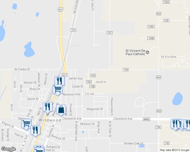 map of restaurants, bars, coffee shops, grocery stores, and more near 7935 County Road 129 in Wildwood