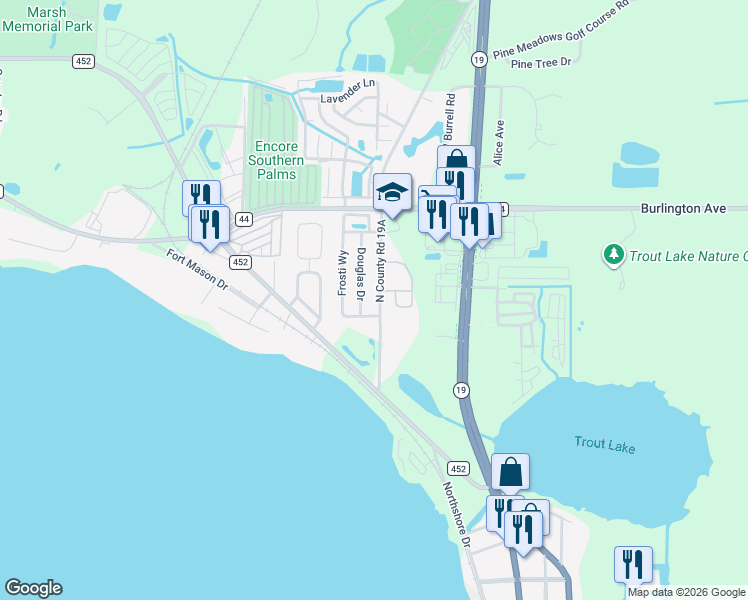 map of restaurants, bars, coffee shops, grocery stores, and more near 1720 County Road 19A in Eustis