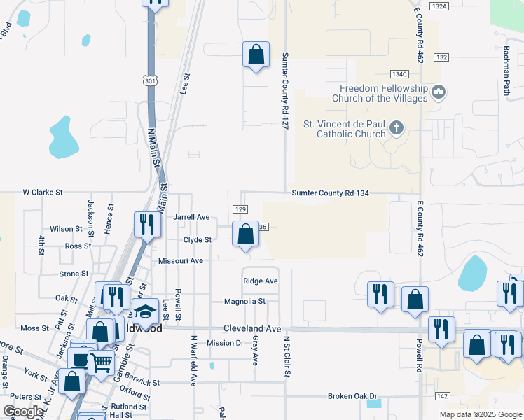 map of restaurants, bars, coffee shops, grocery stores, and more near 7935 County Road 129 in Wildwood