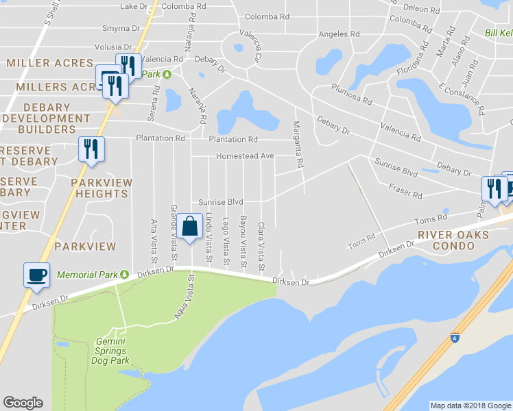 map of restaurants, bars, coffee shops, grocery stores, and more near 131 Sunrise Boulevard in DeBary