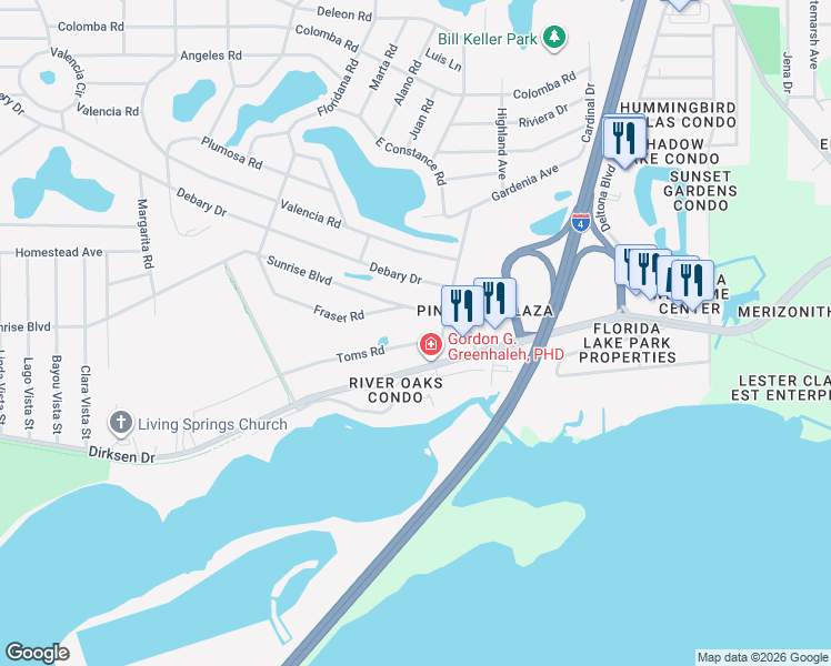 map of restaurants, bars, coffee shops, grocery stores, and more near 272 Toms Road in DeBary