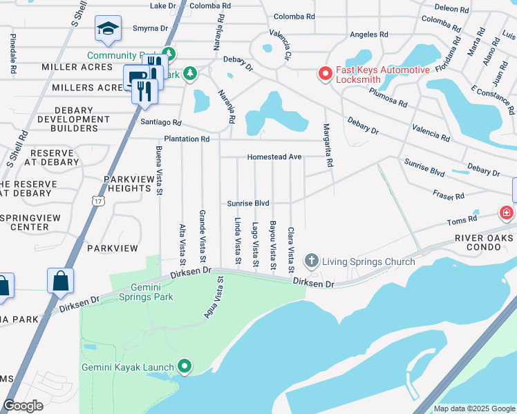 map of restaurants, bars, coffee shops, grocery stores, and more near 232 Lago Vista Street in DeBary