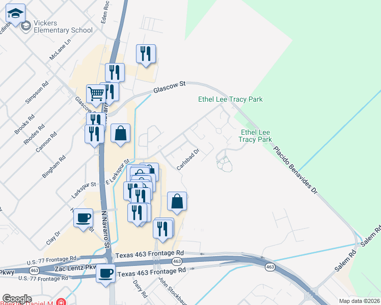 map of restaurants, bars, coffee shops, grocery stores, and more near 130 Carlsbad Drive in Victoria
