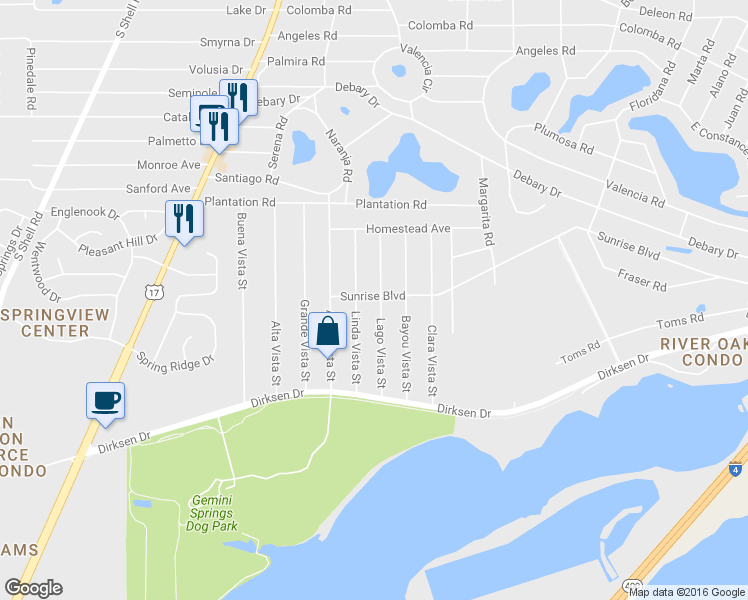 map of restaurants, bars, coffee shops, grocery stores, and more near 232 Lago Vista Street in DeBary