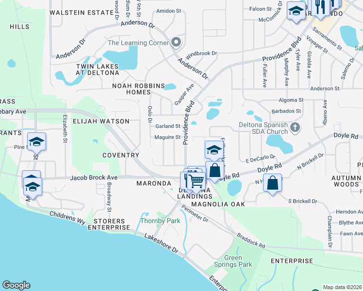 map of restaurants, bars, coffee shops, grocery stores, and more near 368 Providence Boulevard in Deltona
