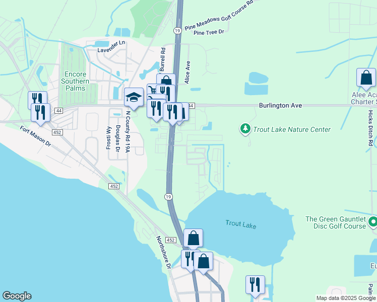 map of restaurants, bars, coffee shops, grocery stores, and more near 96 Country Gardens Drive in Eustis
