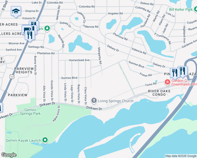 map of restaurants, bars, coffee shops, grocery stores, and more near 227 Fredricka Road in DeBary