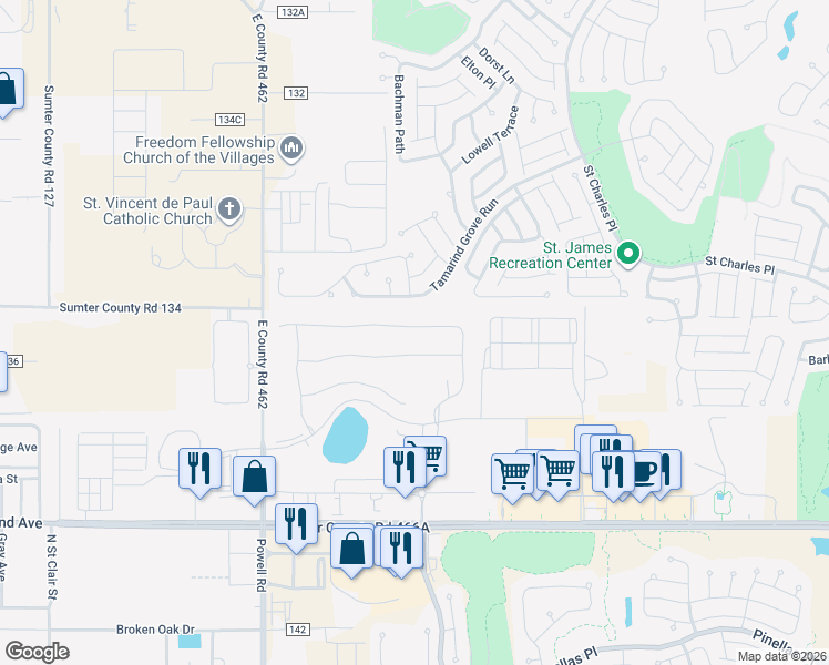 map of restaurants, bars, coffee shops, grocery stores, and more near 5440 Sunshine Drive in Wildwood