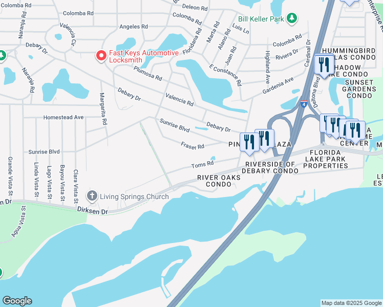map of restaurants, bars, coffee shops, grocery stores, and more near 247 Fraser Road in DeBary