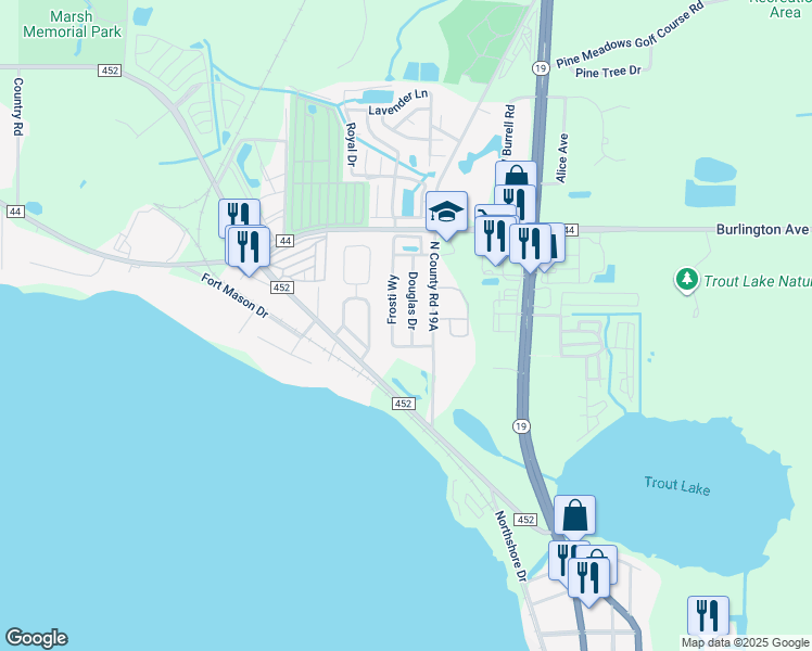map of restaurants, bars, coffee shops, grocery stores, and more near 130 Douglas Drive in Eustis