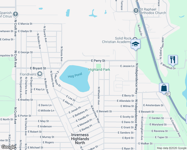 map of restaurants, bars, coffee shops, grocery stores, and more near 630 North Woodlake Avenue in Inverness