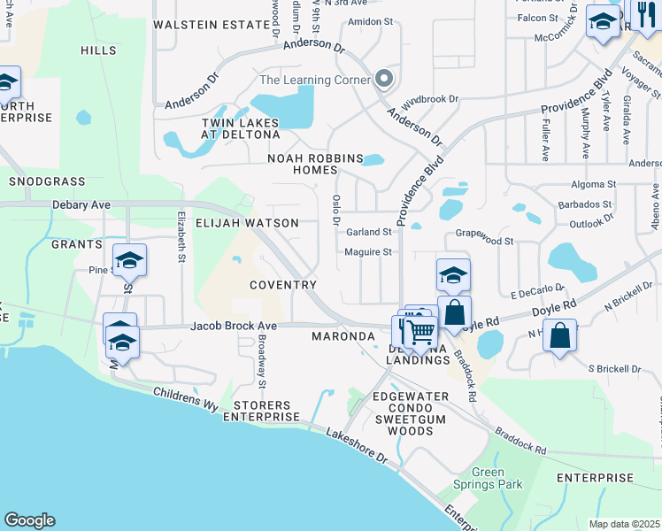 map of restaurants, bars, coffee shops, grocery stores, and more near 372 Oslo Drive in Deltona