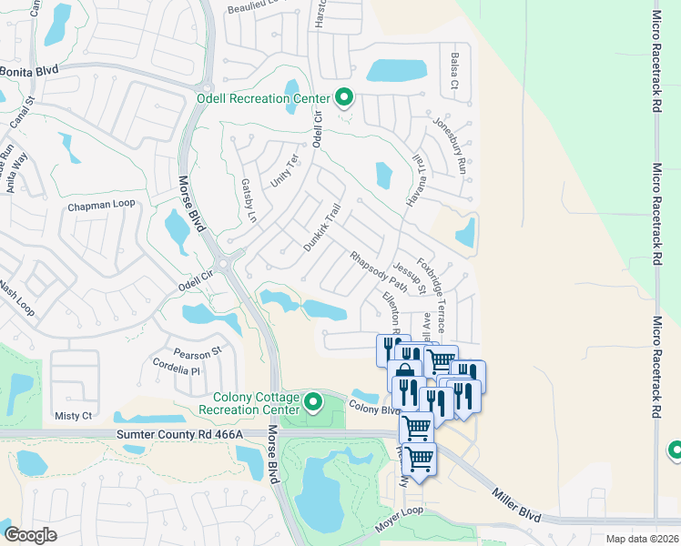 map of restaurants, bars, coffee shops, grocery stores, and more near 2530 Hanlon Terrace in The Villages