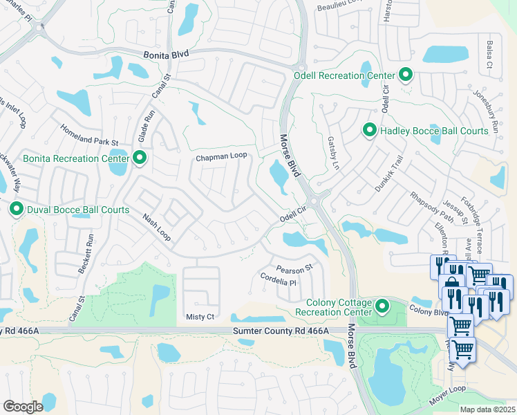 map of restaurants, bars, coffee shops, grocery stores, and more near 783 Bartlet Lane in The Villages