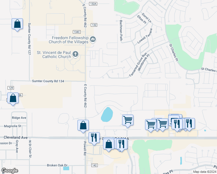 map of restaurants, bars, coffee shops, grocery stores, and more near 2514 Tamarind Grove Run in The Villages