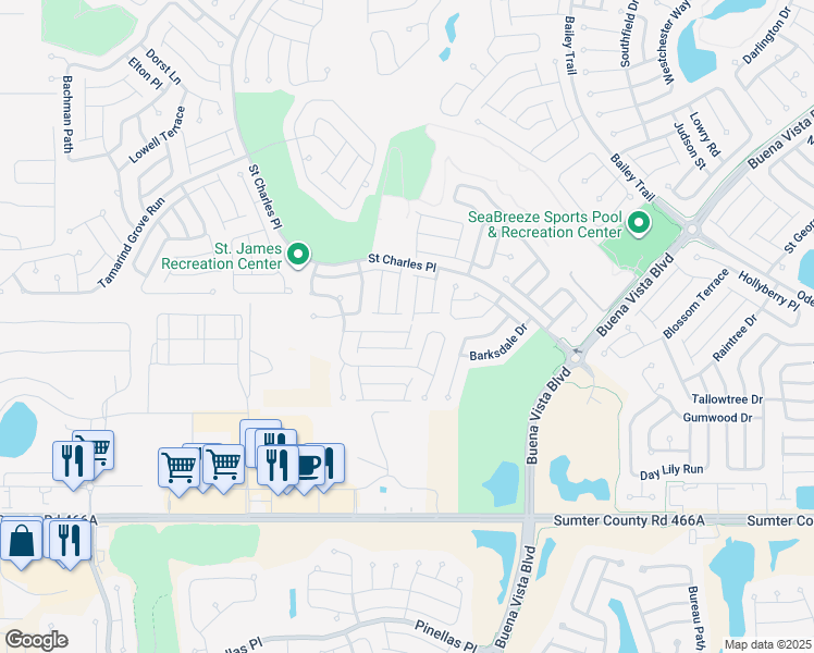 map of restaurants, bars, coffee shops, grocery stores, and more near 1973 Fairview Lane in The Villages