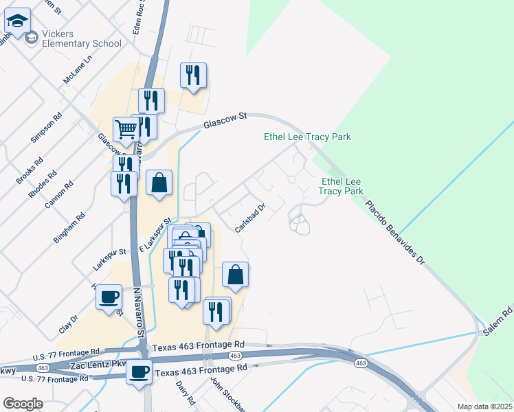map of restaurants, bars, coffee shops, grocery stores, and more near 130 Carlsbad Drive in Victoria
