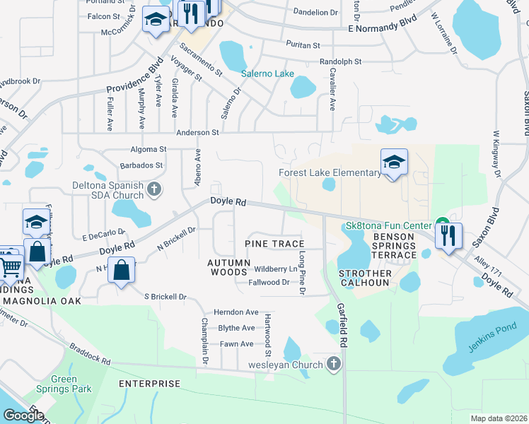 map of restaurants, bars, coffee shops, grocery stores, and more near 1355 Doyle Road in Deltona