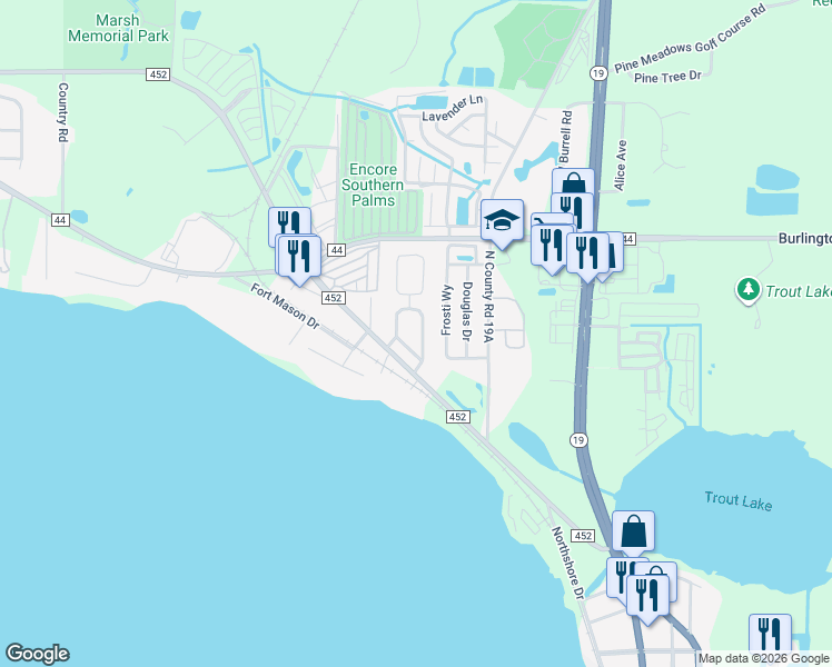 map of restaurants, bars, coffee shops, grocery stores, and more near 812 Edgewater Drive in Eustis