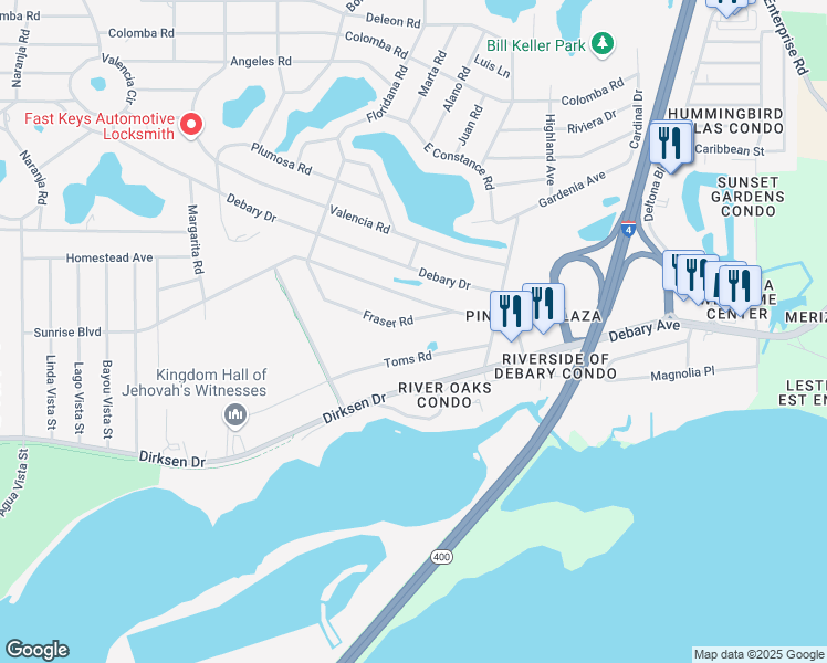 map of restaurants, bars, coffee shops, grocery stores, and more near 255 Fraser Road in DeBary