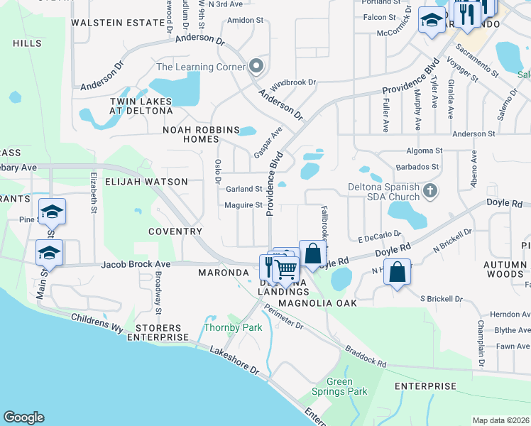 map of restaurants, bars, coffee shops, grocery stores, and more near 368 Providence Boulevard in Deltona