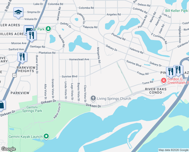 map of restaurants, bars, coffee shops, grocery stores, and more near 227 Fredricka Road in DeBary