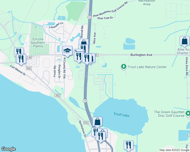 map of restaurants, bars, coffee shops, grocery stores, and more near 96 Country Gardens Drive in Eustis