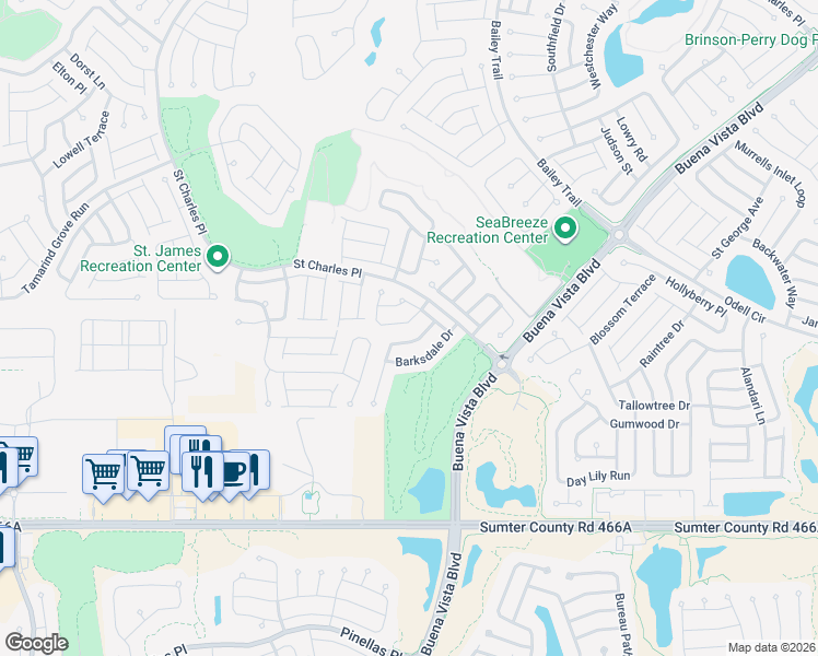 map of restaurants, bars, coffee shops, grocery stores, and more near 1870 Sassparilla Way in The Villages