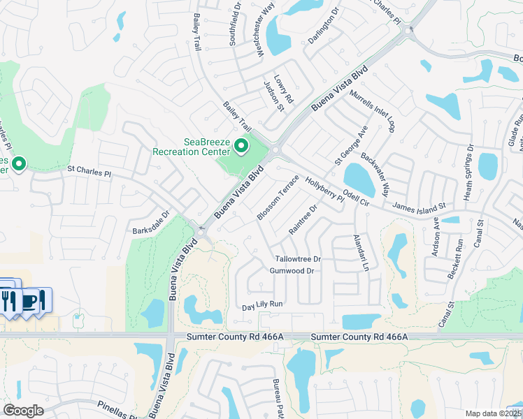 map of restaurants, bars, coffee shops, grocery stores, and more near 1609 Blossom Terrace in The Villages